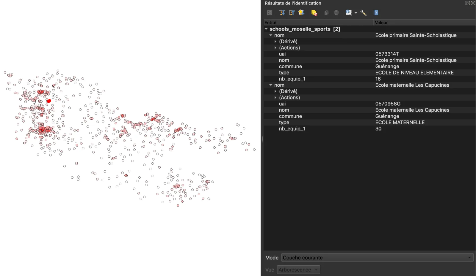 Shapefile ouvert dans QGIS avec symbologie par nombre d'équipements sportifs